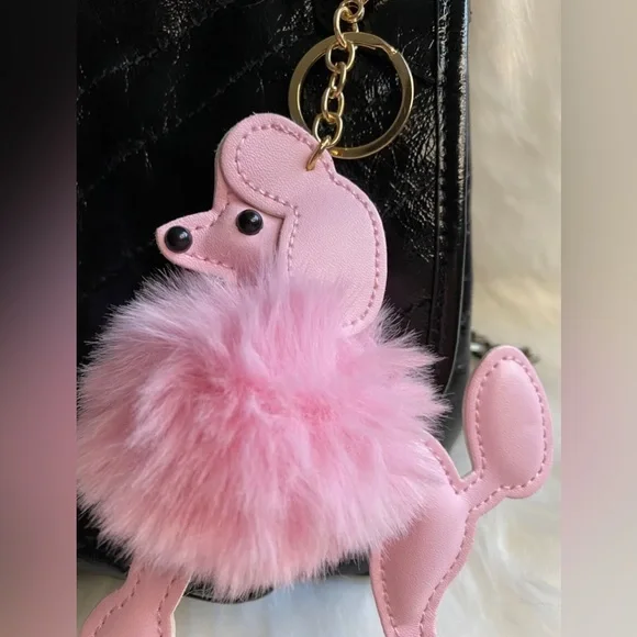 Poodle Dog Bag Charm Keychain Purse charm Plush Pom Pom Pink Fluffy New - Picture 2 of 3